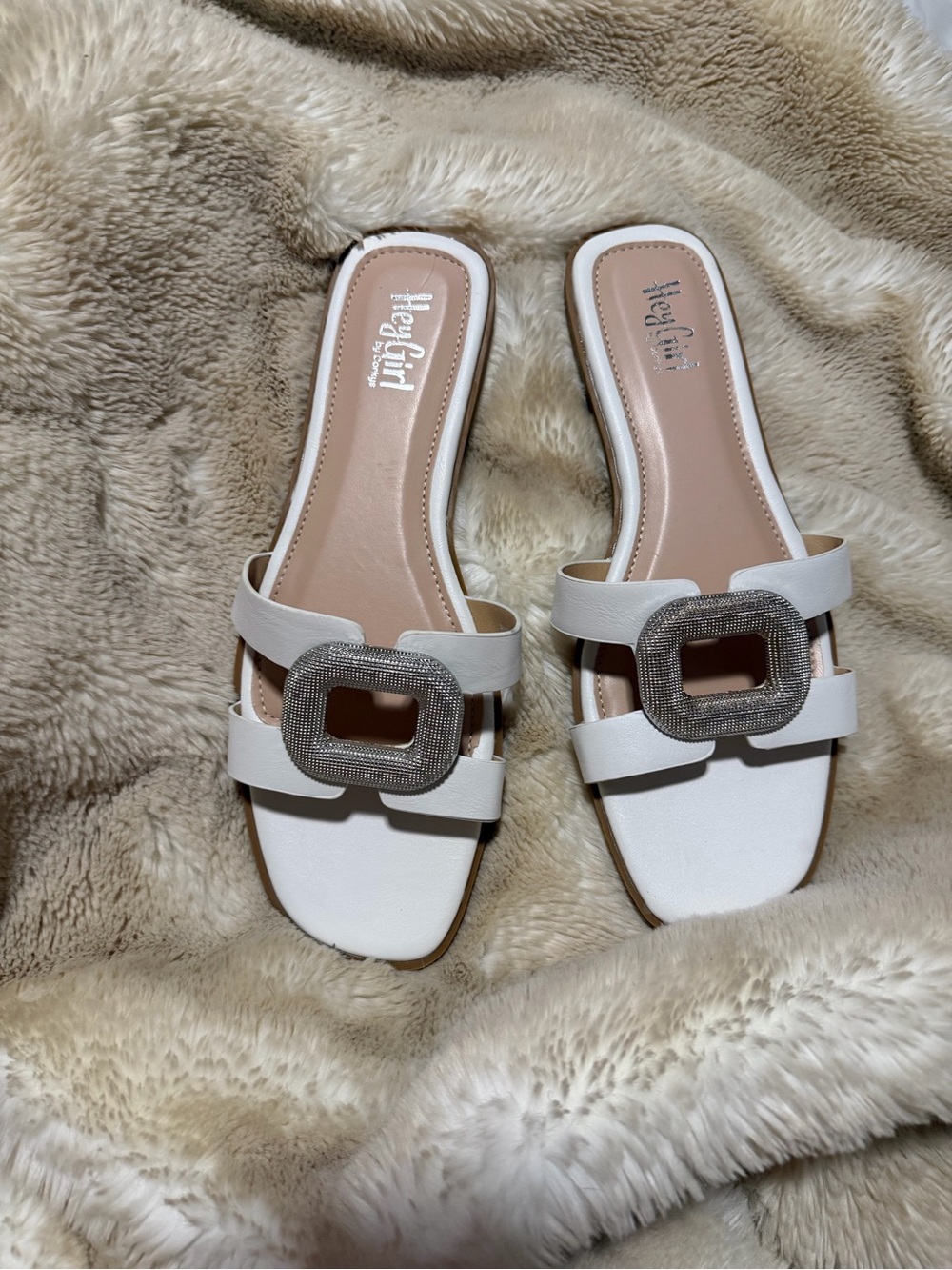 White Slide Mules with Rhinestone Buckle Accent